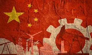 Energy and Power icons set with China flag. Sustainable energy generation and heavy industry.