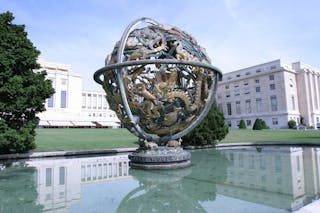 The United Nations Office at Geneva - in the foreground is the Armillary Sphere presented to the United Nations by the Woodrow W