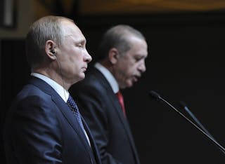 Russia's President Putin is pictured during a joint news conference with his Turkish counterpart Erdogan in Ankara