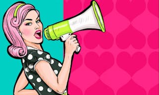 Pop art girl with megaphone. Woman with loudspeaker