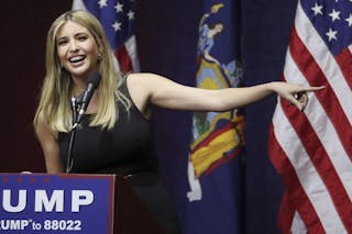 Ivanka Trump, daughter of U.S. Republican presidential candidate Donald Trump speaks at a campaign event at Grumman Studios in Bethpage, New York April 6, 2016 REUTERS/Carlo Allegri - RTSDXF6