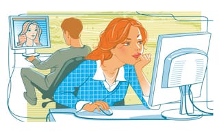 Man and woman sitting at computers, surfing internet, communicating online. People on dating web sites. Vector illustration. — V