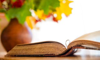 Old books. Old open book on the table. Autumn leaves in a clay jug blurred in the background.