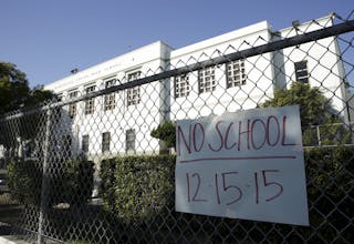 A no-school sign is pictured at Florence Nightingale Middle School in the Cypress Park neighborhood of Los Angeles