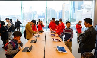 HONG KONG - DECEMBER 25, 2015: inside of Apple store. Apple Inc. is an American multinational technology company headquartered i