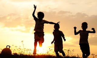 Silhouette, group of happy children playing on meadow, sunset, summertime