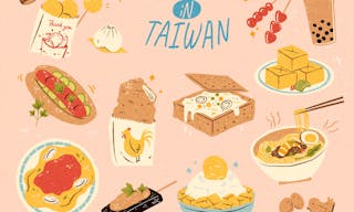 Delicious Taiwan night market food collection in hand drawn style