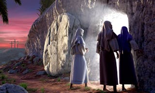 Mary Magdalene, Mary, & Salom walking up to the bright empty tomb of Jesus Christ early Sunday morning, Showing Golgotha in the 