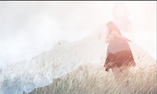 Double exposure of emotions moment of a girl waiting for first summer and background mountain view.