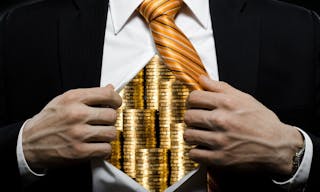 venality businessman or banker  in black costume throw open one's shirt packed heap gold money