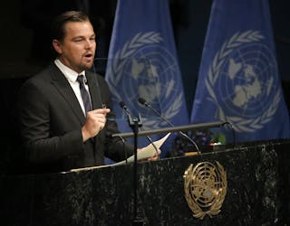 Actor DiCaprio delivers his remarks during the Paris Agreement on climate change held at the United Nations Headquarters in Manh