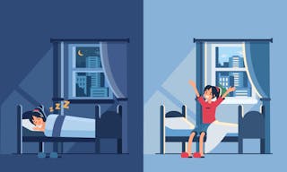 Woman sleep in bed at night and wake up in the morning. Flat style vector illustration.