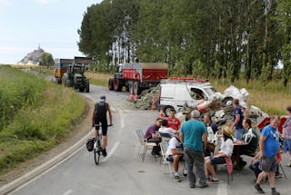 Livestock breeders block a road to the Mont Saint-Michel (background) in the northwestern region of Normandyivestock breeders bl