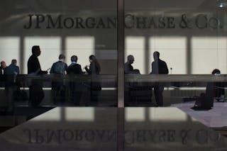 The lobby of JPMorgan headquarters is photographed through its front doors in New York