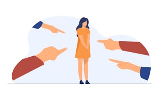 Depressed sad woman standing as victim flat vector illustration. Surrounded girl and fingers pointing at her. Conviction, indict