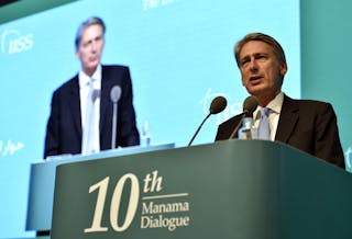 Britain's Foreign Secretary Philip Hammond speaks during the IISS Regional Security Summit "The Manama Dialogue" in Manama