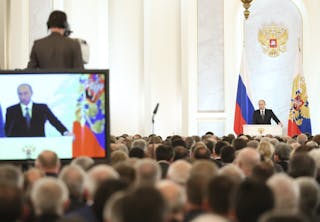 Russia's President Putin addresses the Federal Assembly at the Kremlin in Moscow