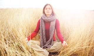 Beautiful young woman meditating in a open field in the long autumn grass