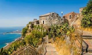 Taormina town medieval church view from high. Sicily, Italy