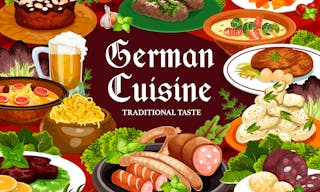 German cuisine food vector banner. Hamburg and bavarian steak, pork rolls, soup with bacon, cheese and potato salad with mustard