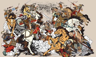 Battle between Mongols clans and tribes .Time of Genghis Khan .Medieval Asian cavalry warriors fighting with swords and nomads a