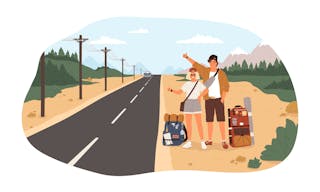 Young happy couple with backpacks standing near road and hitchhiking. Cute smiling man and woman thumbing or hitching ride. Adve