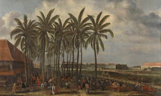 The castle of Batavia, seen from Kali Besar West around 1656. On the foreground a sort of market underneath palm trees.