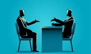 Business illustration of a man being interviewed by recruiter. Negotiate, candidate business concept