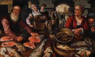 FISHMARKET, by Joachim Beuckelaer, 1568, Netherlandish, Northern Renaissance oil painting. This daily fish market represents the