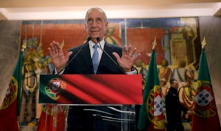 Rebelo de Sousa addresses journalists after the announcement of electoral results in Lisbon, Portugal