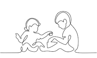 Continuous line drawing. Happy toddler boy playing with his baby sister. Vector illustration