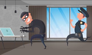 A burglar steals a laptop in the house. A police officer detains a robber. Security concept, protection of personal data. Vector