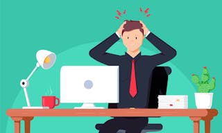 Headache. Businessman working in the office. Flat illustration in cartoon style. Man have ache on work space. Employment working