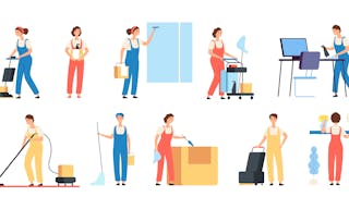 Cleaner persons. Cleaning service workers male female cleaners in uniform vacuuming housemaids household equipment vector charac