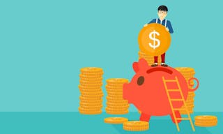 An asian man saving his money by putting a coin in a big piggy bank on a blue background vector flat design illustration. Horizo