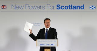 Britain's Prime Minister David Cameron delivers a speech  at Dynamic Earth in Edinburgh, Scotland