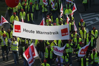 Members of public sector trade union Verdi protest during a strike at Frankfurt airport,