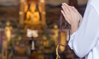 念珠 佛珠 Religious Asian buddhist woman praying, chanting mantra to the lord Buddha with buddhist style rosary beads in hand