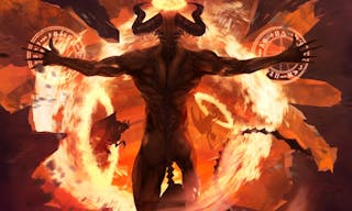 Flame demon. Burning diabolic demon summons evil forces and opens hell portal with ancient alchemy signs illustration. - 插圖 Sata