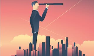 Vision concept in business with vector icon of businessman and telescope, monocular with corporate skyline cityscape background.