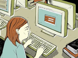 A student entering her username and password into a computer