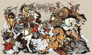 Battle between Mongols clans and tribes .Time of Genghis Khan .Medieval Asian cavalry warriors fighting with swords and nomads a