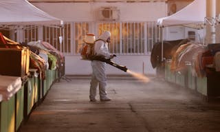 Spraying, disinfection and decontamination on a public place as a prevention against Coronavirus disease 2019, COVID-19. Coronav