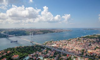 Bosphorus bridge in Istanbul Turkey - connecting Asia and Europe. Shooting from the helicopter Istanbul skyline.