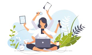 Vector business illustration concept of businesswoman practicing meditation. Girl with many arms sits in the Yoga lotus position