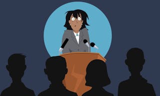 Terrified female speaker on a stage in front of the audience, EPS 8 vector illustration, no transparencies - 向量圖