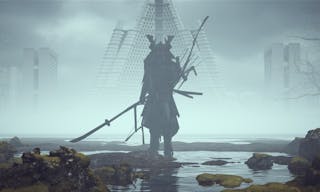 Futuristic Samurai Large in a Landscape near Foggy Abandoned Brutalist Style Architecture 3d illustration render