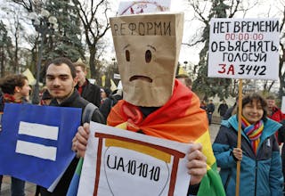 Ukraine: Ukrainian activists and LGBT organizations representatives rally in front of Ukrainian Parliament.