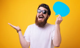 shutterstoShare opinion speech bubble copy space. Men with beard mature hipster wear sunglasses. Explain humor concept. Funny st