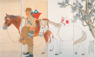 1林玉山〈獻馬圖〉　1943年（1947改畫、1999年補畫）屏風絹本膠彩（左二